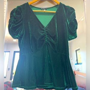 Soprano - green velvet ruched sleeve and bodice vneck top